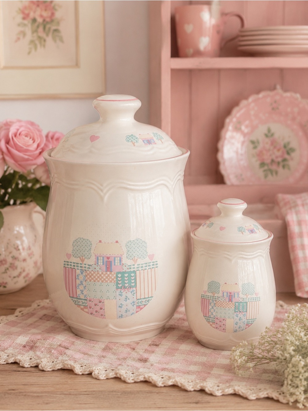 Vintage Tienshan Stoneware “Patchwork Garden” Canisters